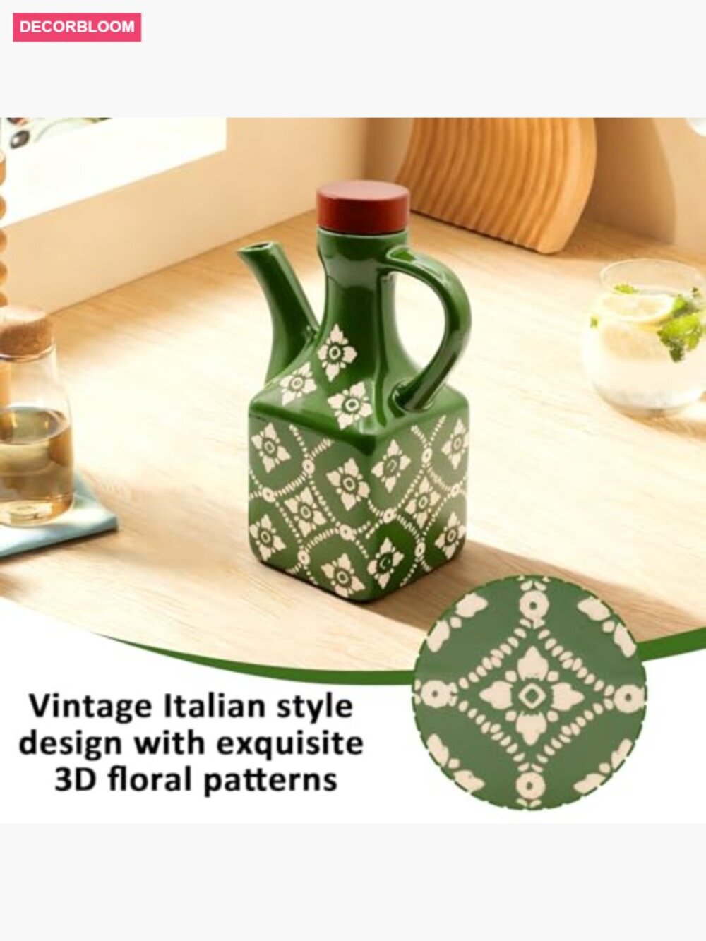 Ceramic Olive Oil Dispenser Bottle 8.5 oz Leakproof with Handle Wood Stopper - Picture 6 of 7
